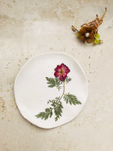 Load image into Gallery viewer, Handmade trinket dish with rose, printed flower on white polymer clay jewelry holder