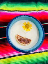 Load image into Gallery viewer, Mexican Pocillo Orange Juice Candle | Taza de Peltre Candle | Natural Soy Wax | Authentic Cinsa Enamel Aromatic Candle with Dried Flowers