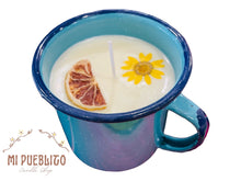 Load image into Gallery viewer, Mexican Pocillo Orange Juice Candle | Taza de Peltre Candle | Natural Soy Wax | Authentic Cinsa Enamel Aromatic Candle with Dried Flowers