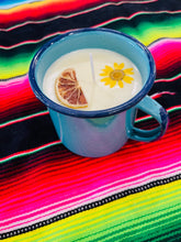 Load image into Gallery viewer, Mexican Pocillo Orange Juice Candle | Taza de Peltre Candle | Natural Soy Wax | Authentic Cinsa Enamel Aromatic Candle with Dried Flowers
