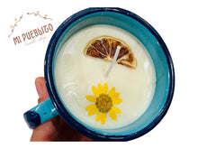 Load image into Gallery viewer, Mexican Pocillo Orange Juice Candle | Taza de Peltre Candle | Natural Soy Wax | Authentic Cinsa Enamel Aromatic Candle with Dried Flowers