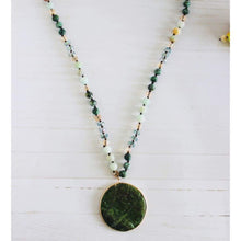 Load image into Gallery viewer, Mint and Green Beaded Necklace with Circular Green Pendant -
