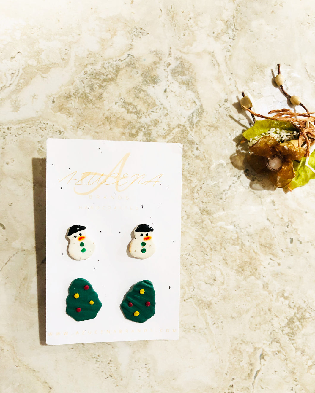 Snowman Studs - Handmade Polymer Clay Earrings with Hypoallergenic Stainless Steel Posts and Backs and Christmas Trees 