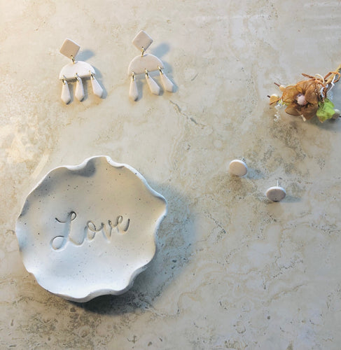 Love tray dish set with white earrings and studs