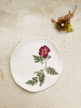 Load image into Gallery viewer, Handmade trinket dish with rose, printed flower on white polymer clay jewelry holder
