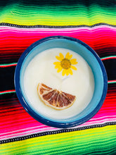 Load image into Gallery viewer, Mexican Pocillo Orange Juice Candle | Taza de Peltre Candle | Natural Soy Wax | Authentic Cinsa Enamel Aromatic Candle with Dried Flowers
