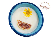 Load image into Gallery viewer, Mexican Pocillo Orange Juice Candle | Taza de Peltre Candle | Natural Soy Wax | Authentic Cinsa Enamel Aromatic Candle with Dried Flowers
