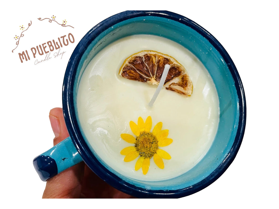 Mexican Pocillo Orange Juice Candle | Taza de Peltre Candle | Natural Soy Wax | Authentic Cinsa Enamel Aromatic Candle with Dried Flowers